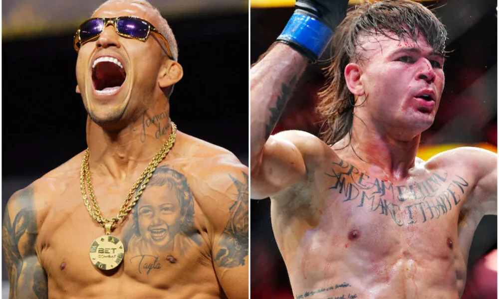 Lutadores de MMA lado a lado: à esquerda, um homem de óculos escuros dourados, colar grosso e tatuagem no peito com o retrato de uma criança sorrindo; à direita, um lutador de cabelo comprido e sangue no rosto, com tatuagens no peito, levantando o braço após uma luta