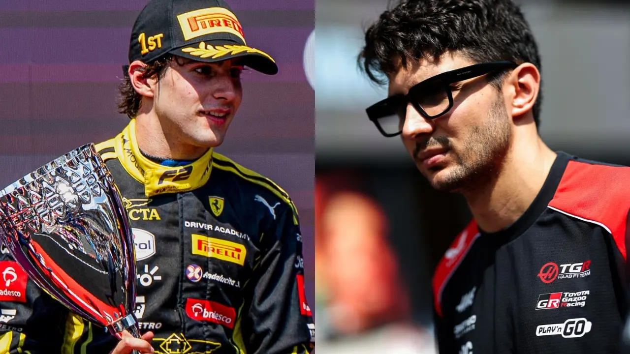 Dois pilotos de Fórmula 1: à esquerda, vencedor de corrida com troféu e capacete amarelo e preto; à direita, piloto em traje de equipe com óculos escuros