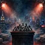Ilustração: pódio com múltiplos microfones sob holofotes vermelhos, cercado por pilhas de jornais, com o horizonte de Nova York ao fundo. Imagem ilustrativa gerada por inteligência artificial; não se trata de uma fotografia real do evento.