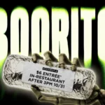 Arte de divulgação do Boorito: mão de esqueleto segura um burrito embrulhado em papel-alumínio com a etiqueta "$6 entrée, in-restaurant, after 3pm 10/31", diante da palavra "Boorito" em letras verdes