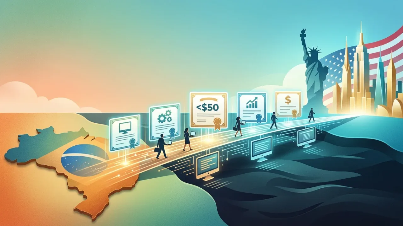 Ilustração: um mapa do Brasil ligado por um caminho luminoso a uma silhueta de Nova York e da Estátua da Liberdade, com certificados e profissionais atravessando a ponte