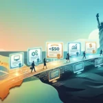 Ilustração: um mapa do Brasil ligado por um caminho luminoso a uma silhueta de Nova York e da Estátua da Liberdade, com certificados e profissionais atravessando a ponte