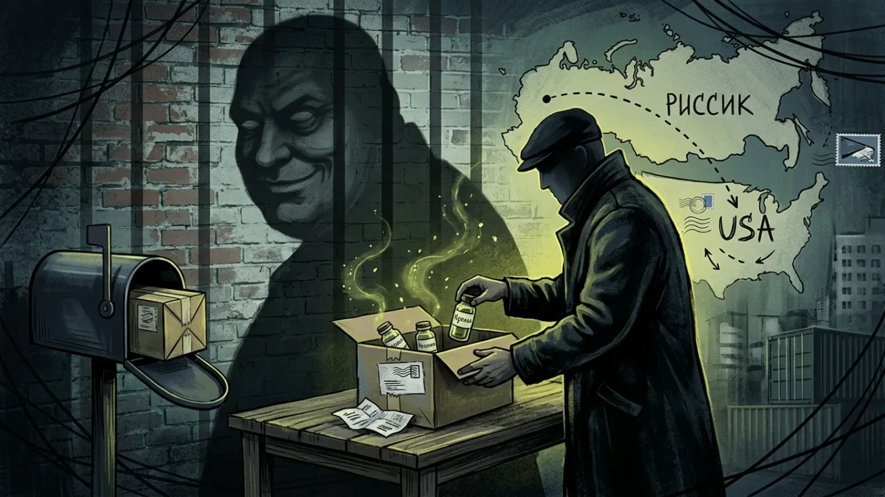 Ilustração: pacotes postais e frascos marcados com o símbolo de radiação, como os usados por Jacob D. Miller para vender plutônio importado da Rússia pelo correio nos Estados Unidos