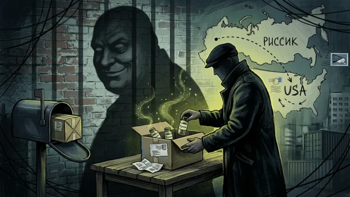 Ilustração: pacotes postais e frascos marcados com o símbolo de radiação, como os usados por Jacob D. Miller para vender plutônio importado da Rússia pelo correio nos Estados Unidos