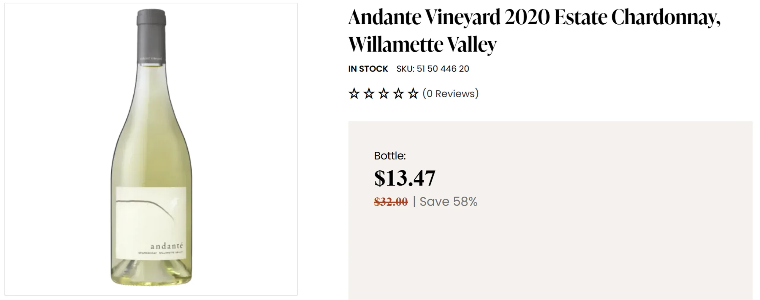 Garrafa de vinho branco Chardonnay 2020 da vinícola Andante, produzido no Vale de Willamette, Oregon
