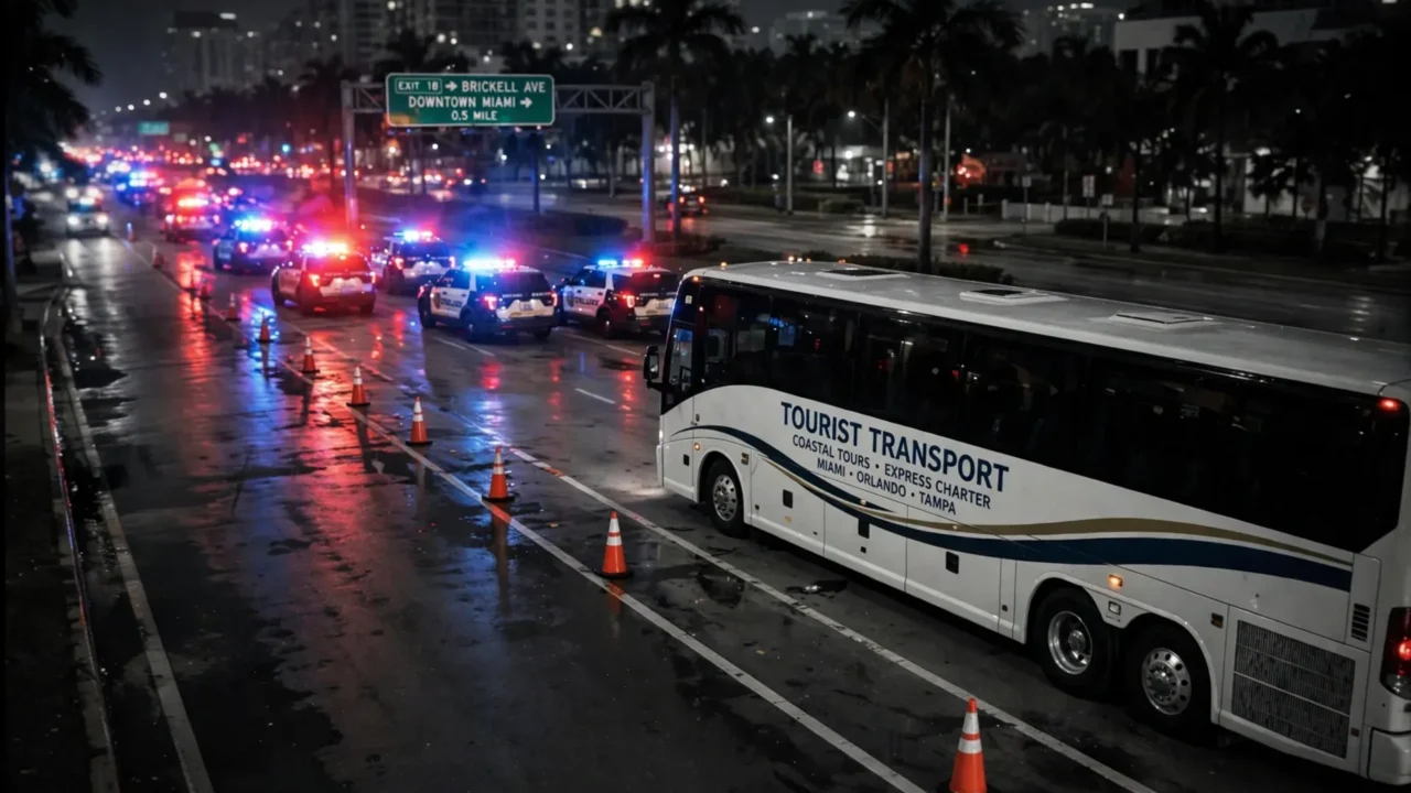 Viaturas da polícia e o ônibus da Disney na East Buena Vista Drive, onde o entregador David Charlot apontou uma arma para o motorista (imagem ilustrativa gerada por IA).