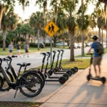 Bicicletas elétricas e patinetes em uma calçada de Oviedo, na Flórida. A cidade discute regras para os veículos de micromobilidade após alertas sobre condutas perigosas nas ruas.