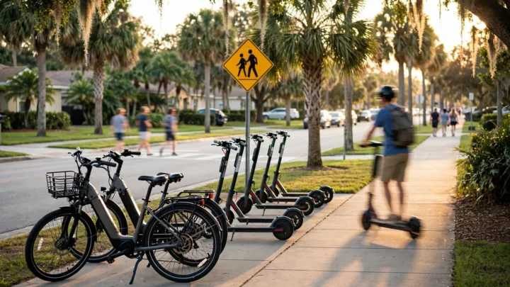 Bicicletas elétricas e patinetes em uma calçada de Oviedo, na Flórida. A cidade discute regras para os veículos de micromobilidade após alertas sobre condutas perigosas nas ruas.