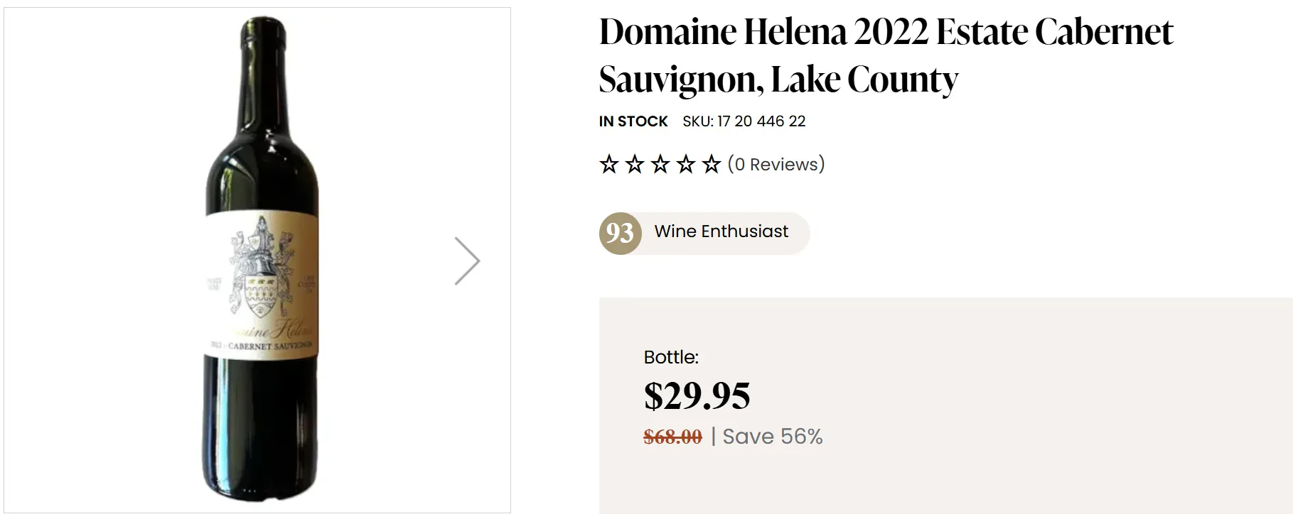Garrafa de vinho tinto Cabernet Sauvignon de 2022 da região de Lake County, Califórnia, exibida em página de comércio eletrônico com avaliação e preço