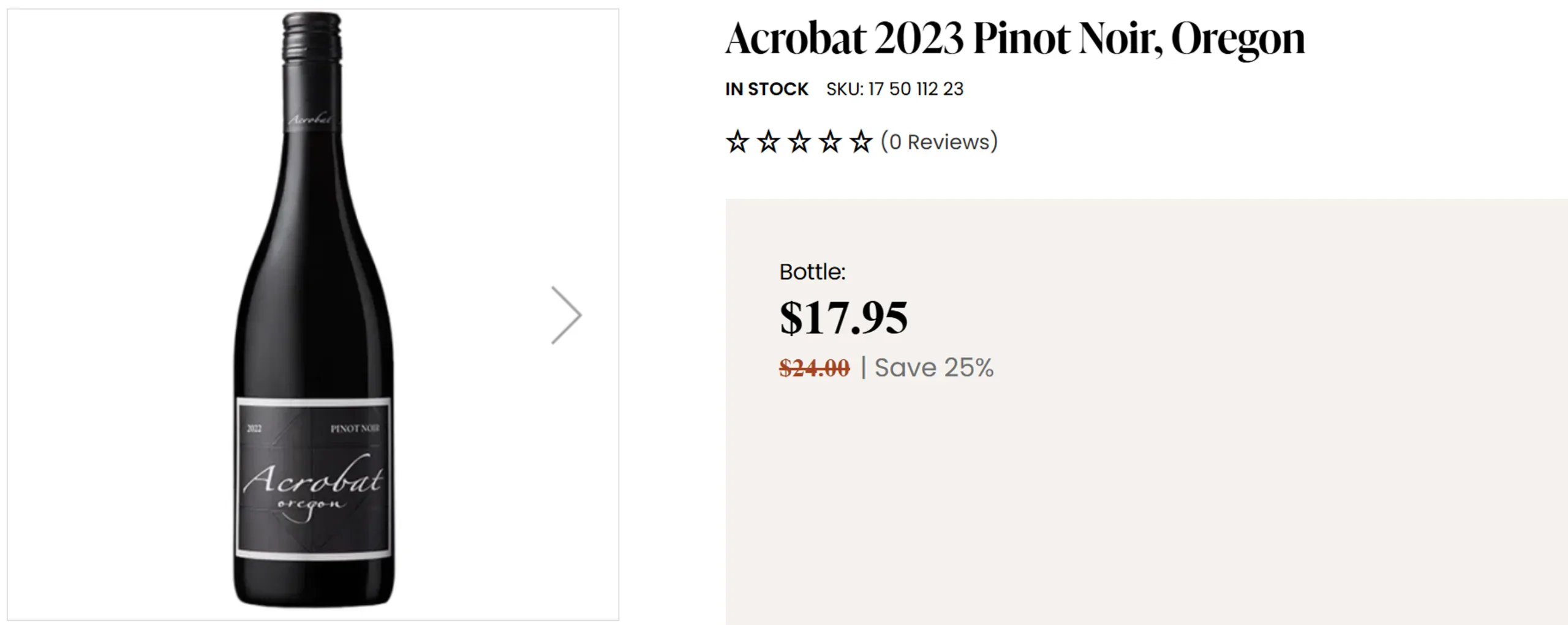 Garrafa de vinho Pinot Noir 2023 de produtor de Oregon com rótulo preto e branco, anunciada com preço de US$ 17,95 em promoção
