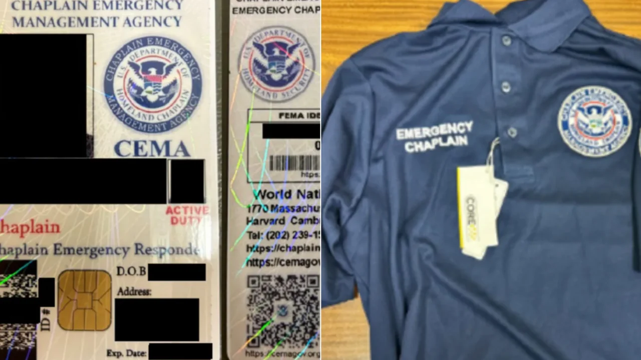 Documentos de identificação falsificados da Agência de Gestão de Emergências (CEMA) e uma camisa com logotipo do Departamento de Segurança Interna, apreendidos durante investigação de falsificação de documentos federais americanos