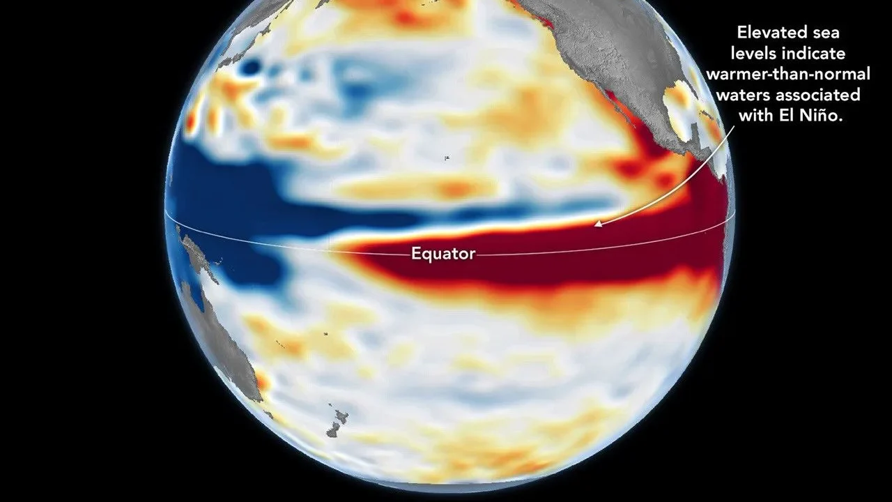 O nível do mar está acima do normal no Pacífico equatorial central e oriental em outubro de 2026 (à direita), uma marca registrada do El Niño. O padrão é muito parecido com o de outubro de 1997 (à esquerda), durante outro dos mais fortes eventos de El Niño do registro de altimetria por satélite.