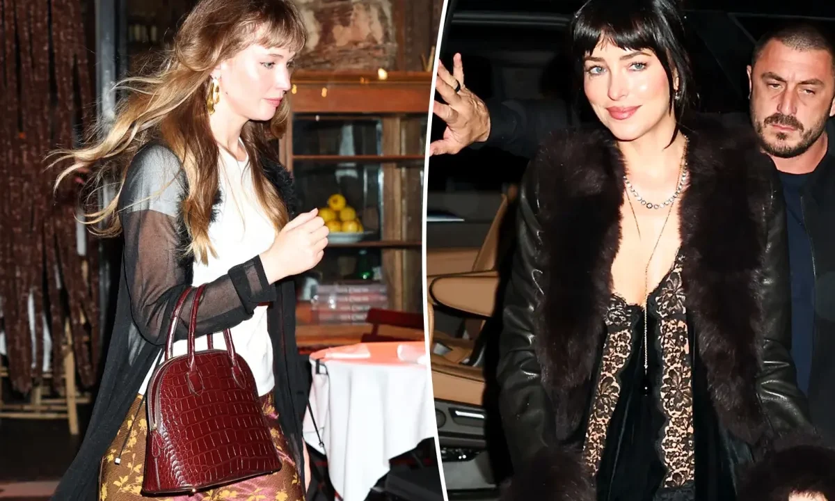 Mulher com bolsa vermelha e blazer preto em ambiente de restaurante, e à direita mulher com casaco de pele e homem de barba em cena noturna em Nova York