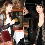 Mulher com bolsa vermelha e blazer preto em ambiente de restaurante, e à direita mulher com casaco de pele e homem de barba em cena noturna em Nova York
