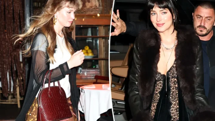 Mulher com bolsa vermelha e blazer preto em ambiente de restaurante, e à direita mulher com casaco de pele e homem de barba em cena noturna em Nova York