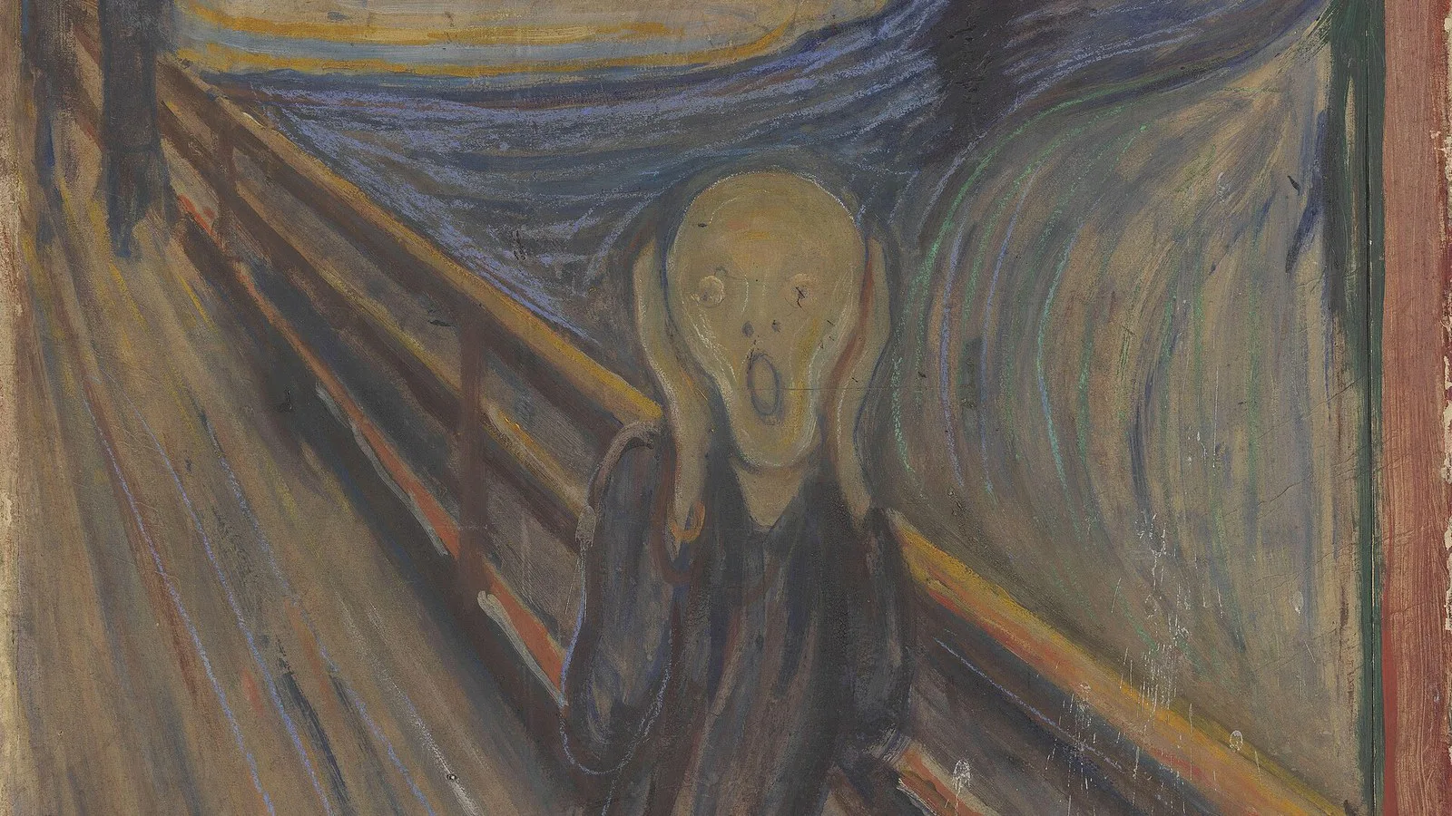 Detalhe de O Grito, de Edvard Munch: a figura com as mãos no rosto sobre a ponte, sob o céu alaranjado