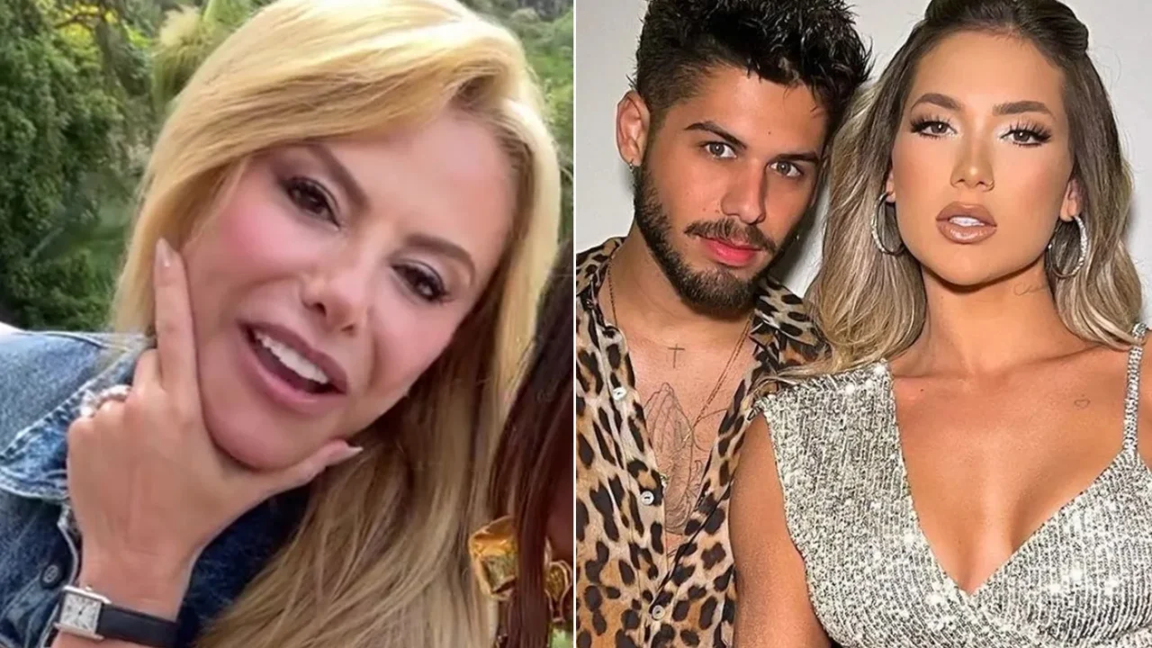 À esquerda, mulher loira de cabelos lisos, com a mão no rosto, em frente a uma vegetação verde; à direita, homem de barba e cabelo espetado ao lado de mulher de cabelos longos e brilho no vestido prateado, em fundo claro