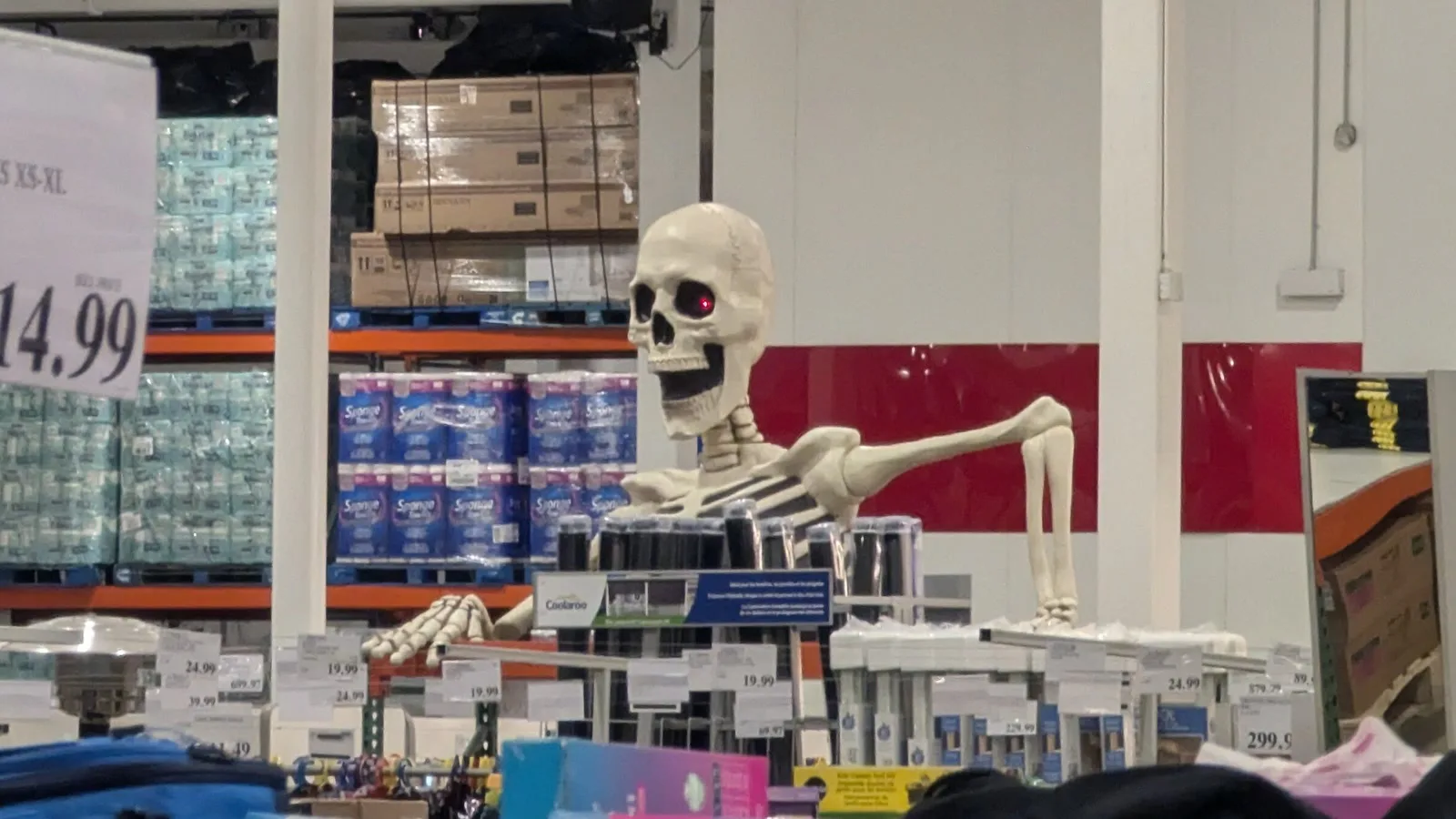 Esqueleto grande de Halloween exposto numa loja de departamentos, de braços sobre as prateleiras (imagem ilustrativa; não é o produto da Home Depot)