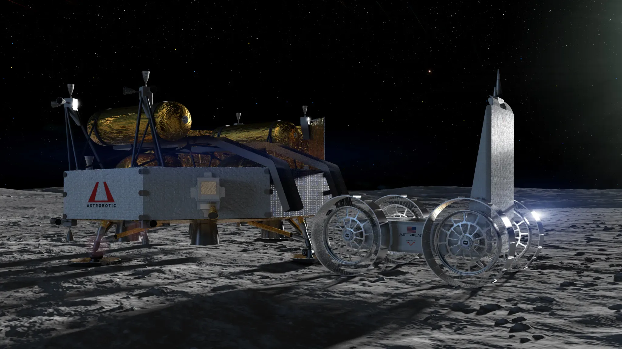 Representação artística do módulo de pouso lunar Griffin Mission One, da Astrobotic, entregando o rover FLIP na superfície lunar. A missão faz parte da iniciativa Commercial Lunar Payload Services (CLPS) da NASA, que apoia futuras explorações lunares e demonstrações tecnológicas.