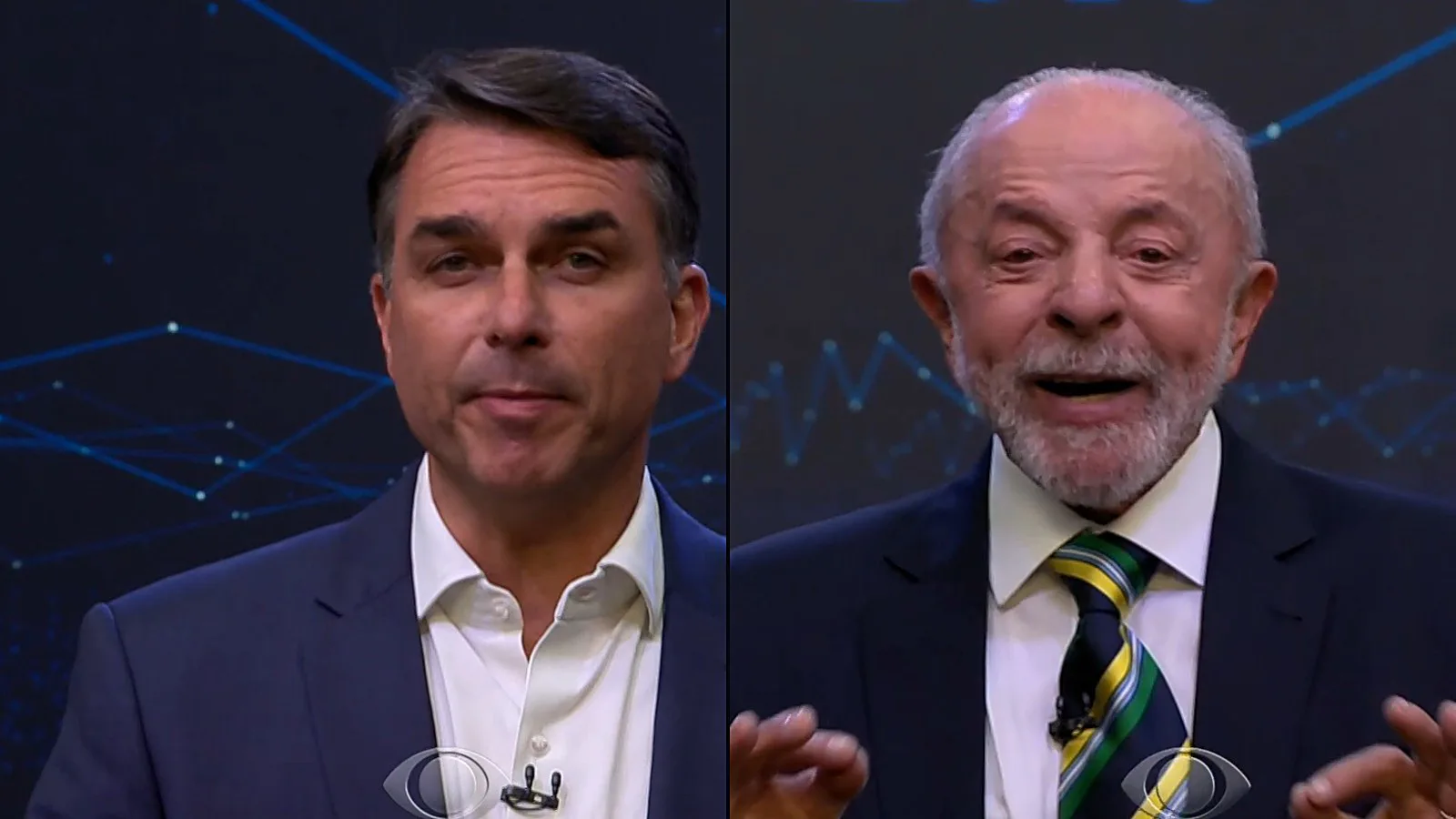 Montagem lado a lado: Flávio Bolsonaro à esquerda e Lula à direita durante as considerações finais