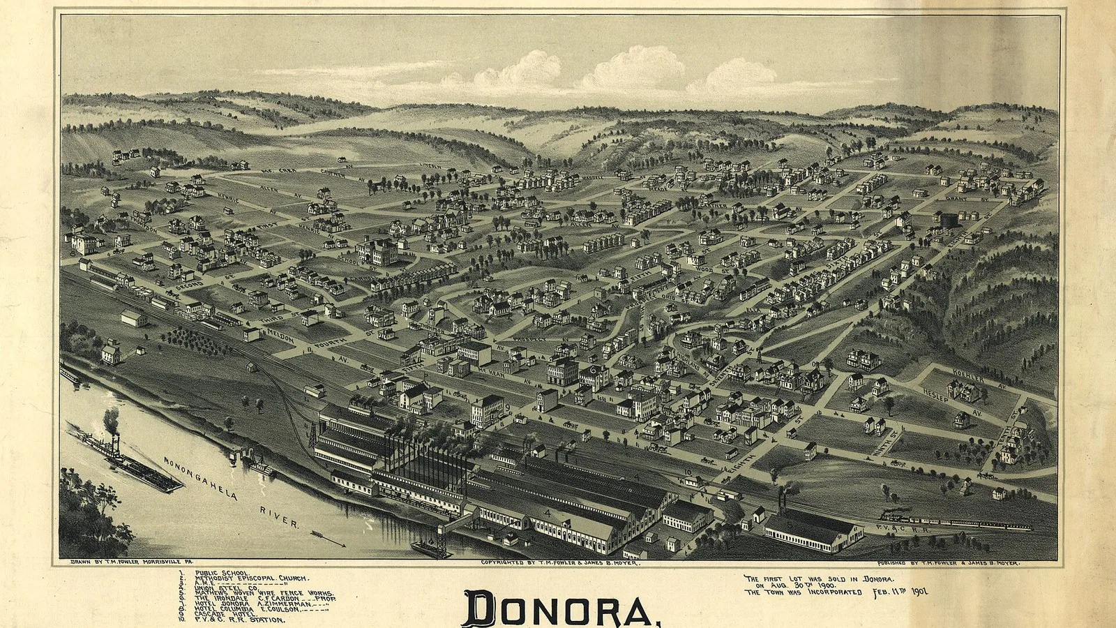 Mapa ilustrado de Donora em 1901, com casas, ruas e fábricas à beira do rio Monongahela