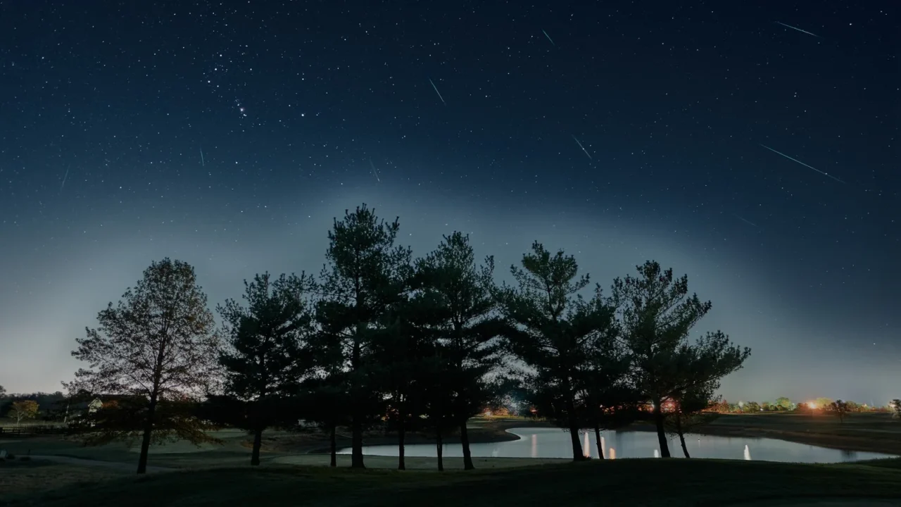 Montagem de 19 quadros de um timelapse noturno de outubro de 2020 mostra vários meteoros das Orionídeas riscando o céu estrelado sobre árvores em silhueta e um lago