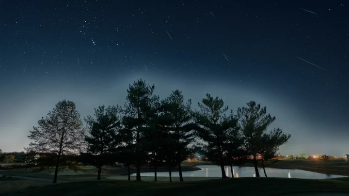 Montagem de 19 quadros de um timelapse noturno de outubro de 2020 mostra vários meteoros das Orionídeas riscando o céu estrelado sobre árvores em silhueta e um lago