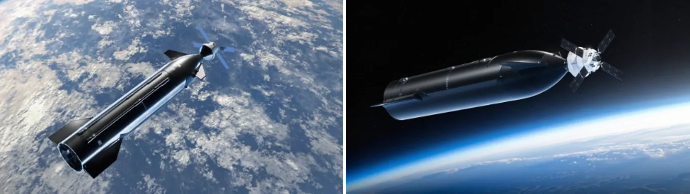 Estas ilustrações conceituais mostram a espaçonave Orion da NASA e o artigo de teste do sistema de pouso tripulado Starship, da SpaceX, durante operações de acoplagem, como parte da futura missão de demonstração Artemis III da NASA na órbita baixa da Terra.